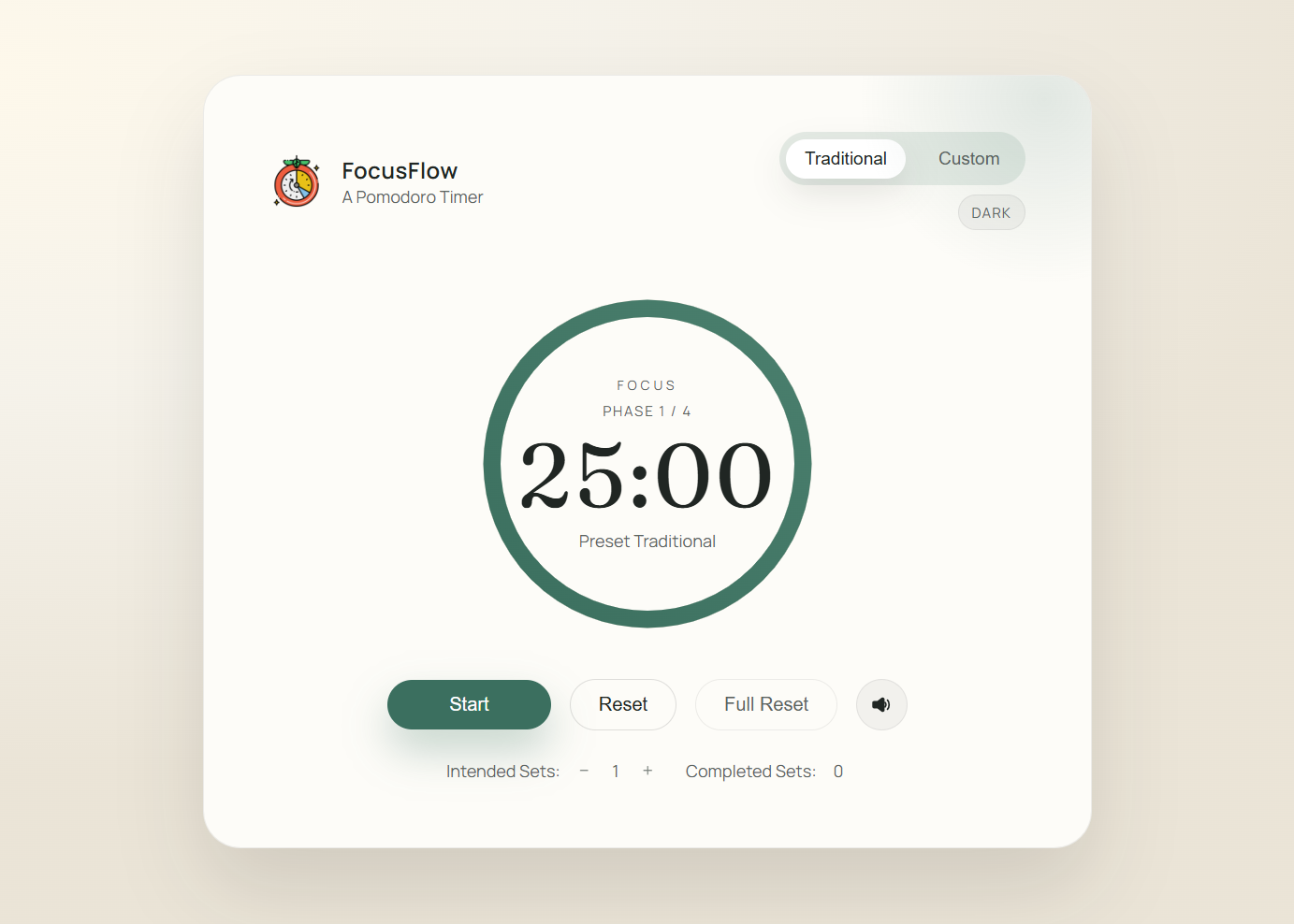 Screenshot of the FocusFlow Pomodoro timer app
