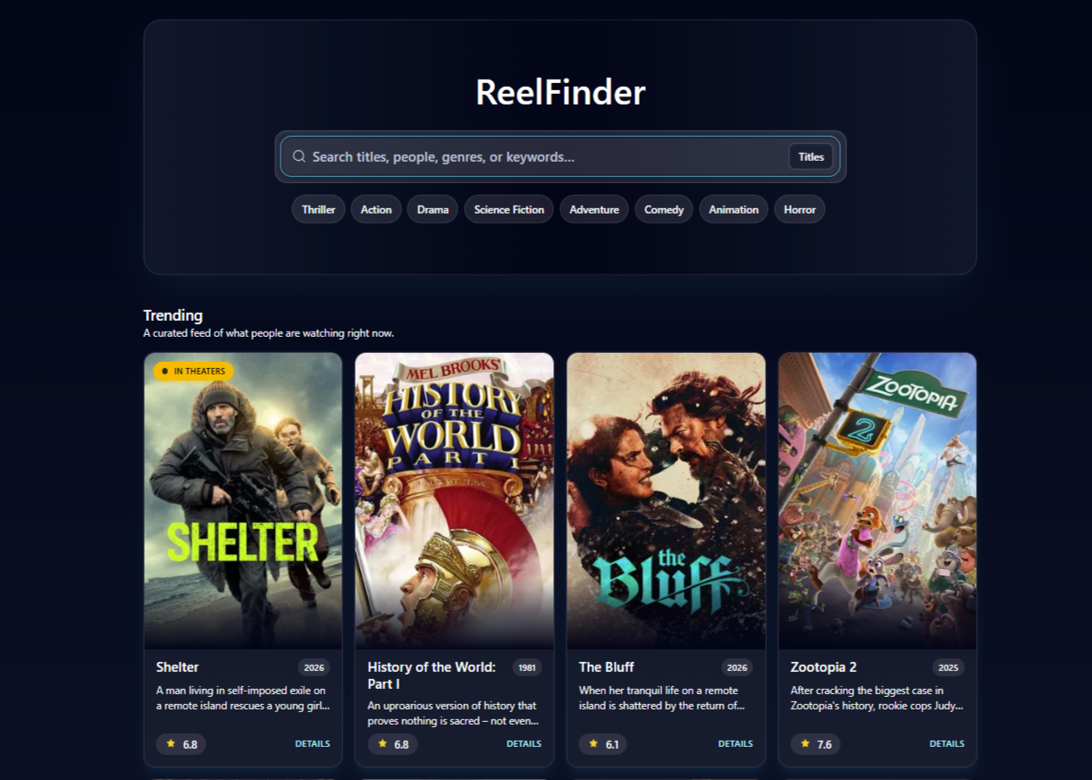 Screenshot of the ReelFinder movie discovery app