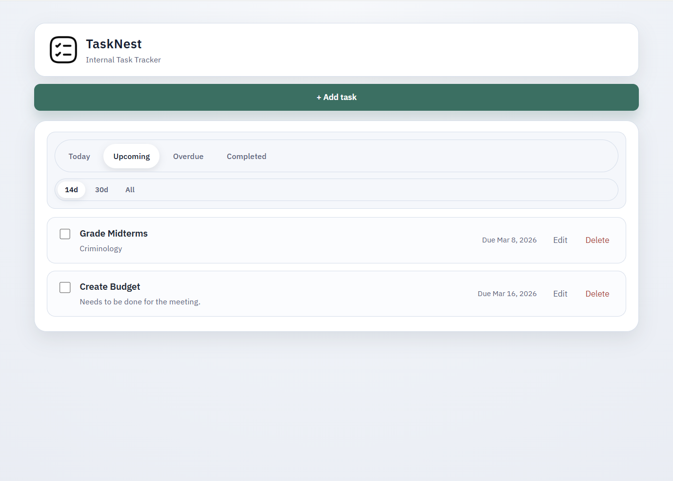 Screenshot of the TaskNest task management app